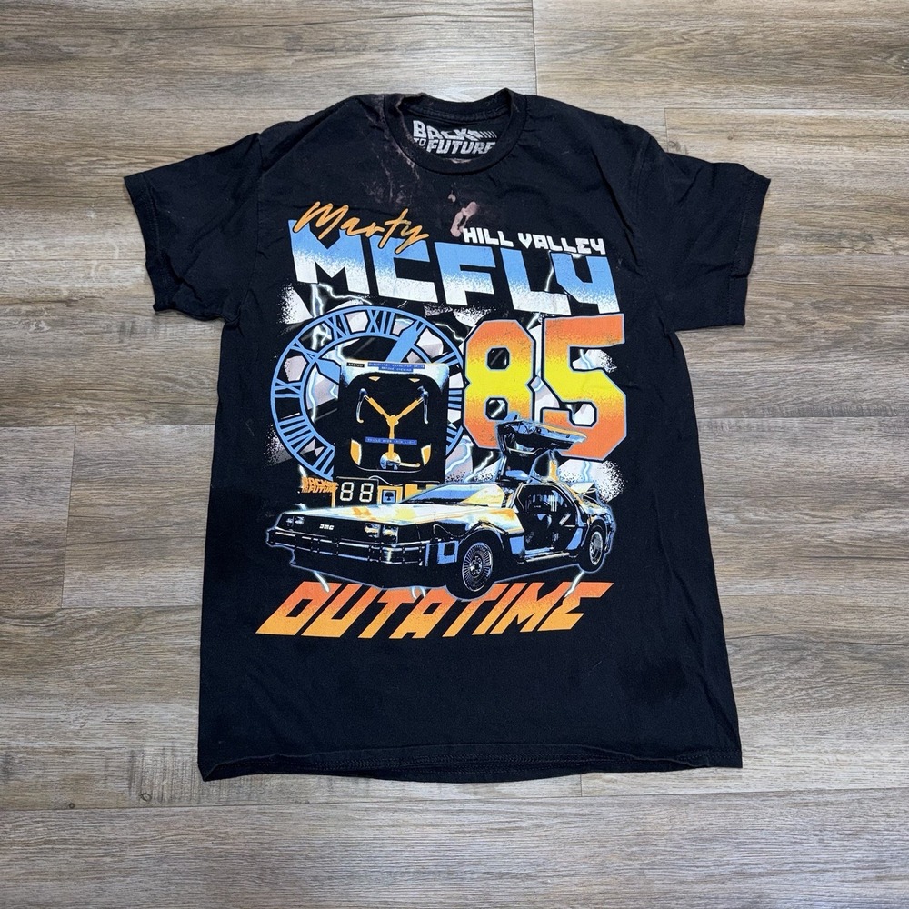 Back to the Future Black Graphic Shirt Mens M "Outatime" Spell-Out Marty McFly